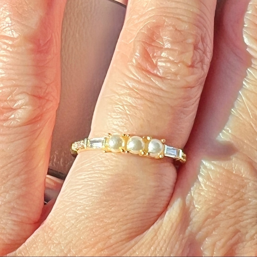 Trio of Pearls and Crystal CZ Baguettes Resizable Gold-Plated Stamped S925